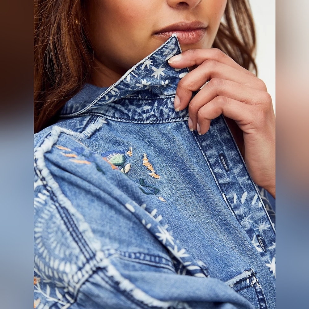 Marrakesh Free People Embroidered Denim Top Jacket NWT Boho Hippie Funky Boxy - Picture 3 of 14
